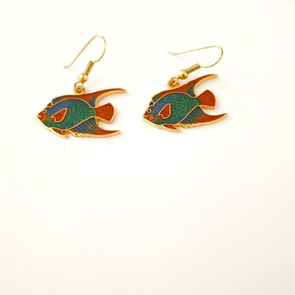 Trident Angelfish Enamel Dangle Earrings Gold Tone Pierced Drop - Picture 4 of 5